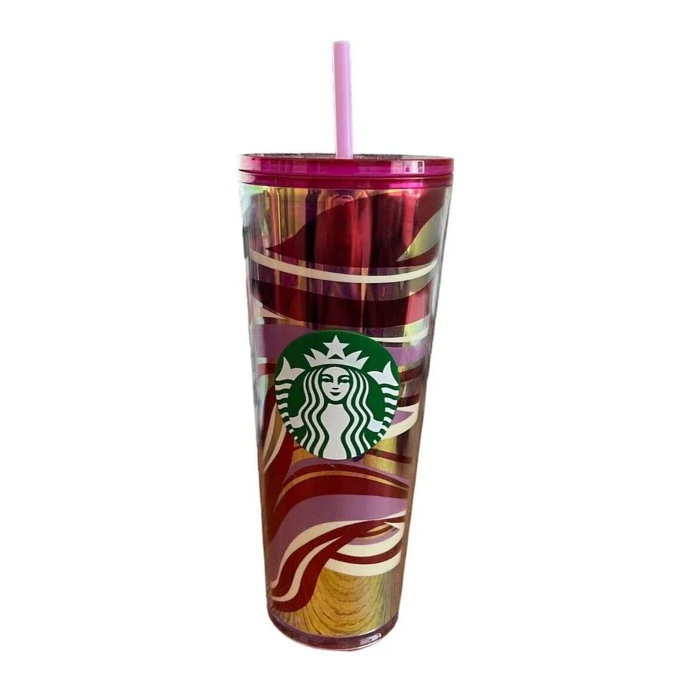 Starbucks Tumbler Christmas Holiday 2021 Red Gold Swirl Cold Cup 24 oz V…